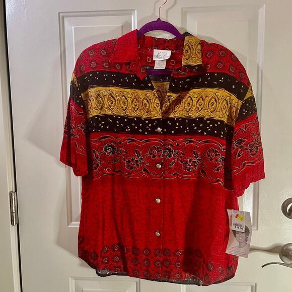 Kathie Lee Tops - Vintage Kathie Lee SZ 10 SS Gold Button Print Blouse NOS